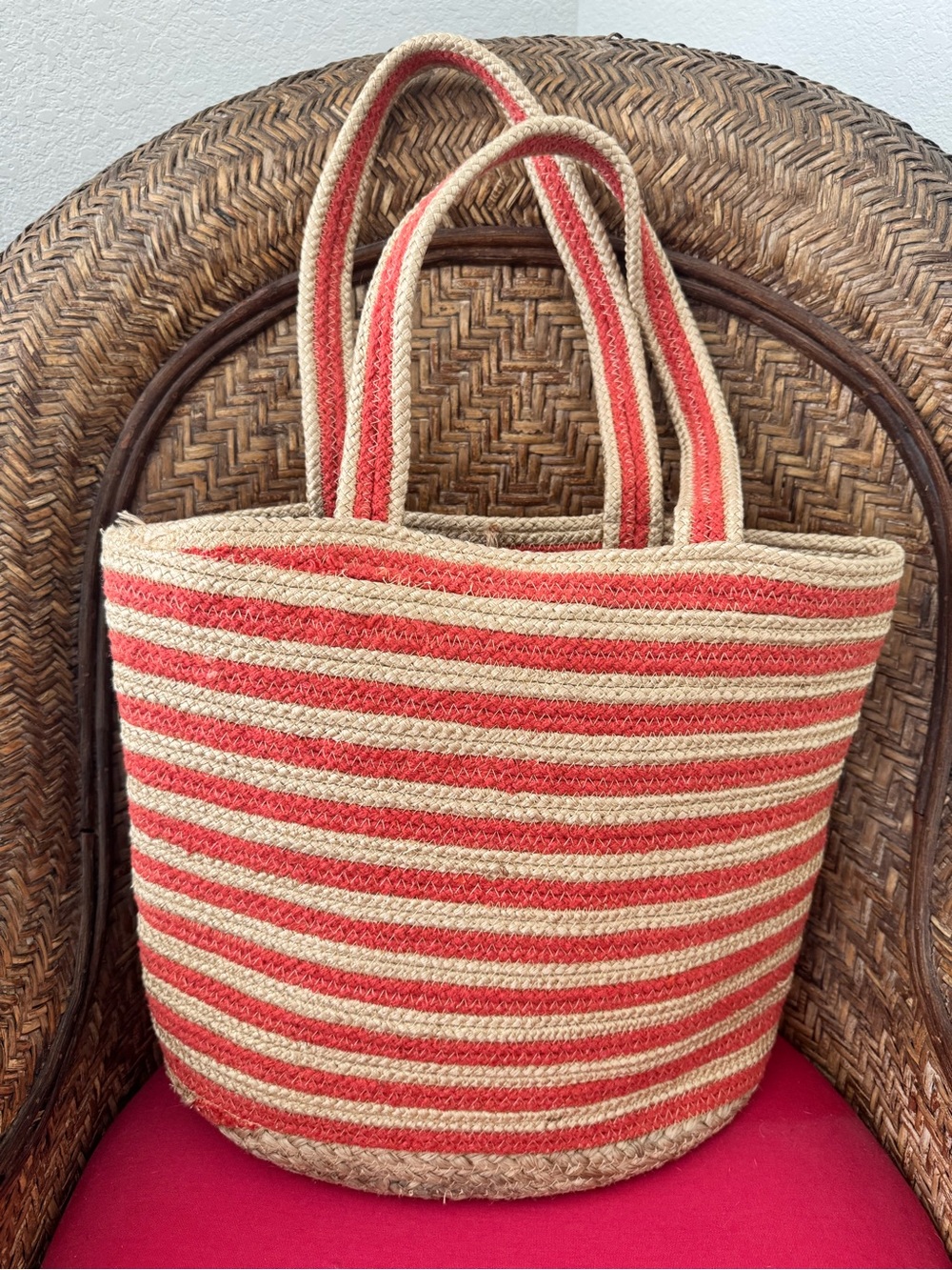 America & Beyond Large Striped Jute Tote Bag